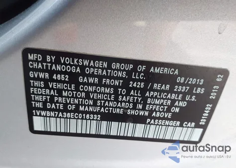 2014 Volkswagen Passat 2.0L Tdi Se from USA, damaged, VIN 1VWBN7A36EC016332